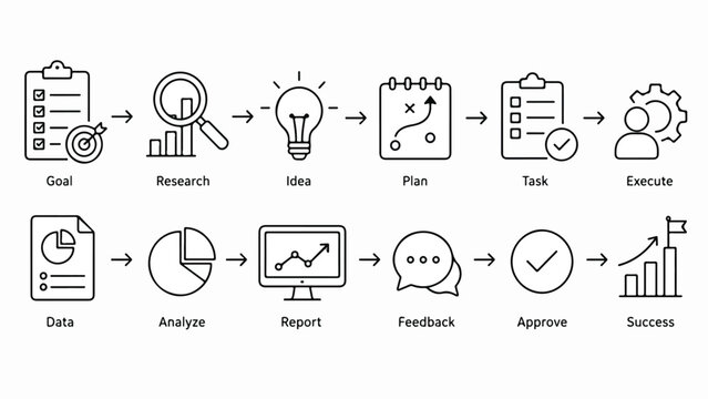 Business process workflow icons set, project management strategy infographic elements, corporate development stages vector illustration