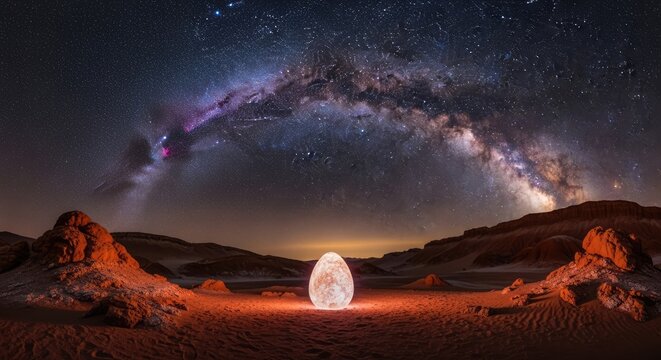 Luminous egg in desert landscape under starry night sky