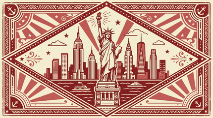 Illustrated skyline of city with statue of liberty and decorative elements © Remb