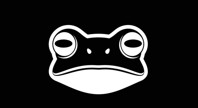Minimalist white frog face illustration on black background, simple graphic design