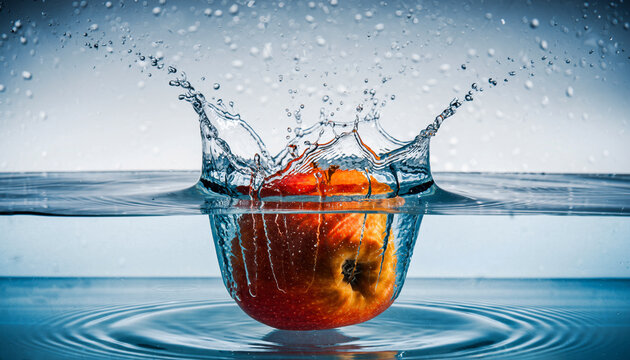 Dynamic splash of orange fruit in clear water.
