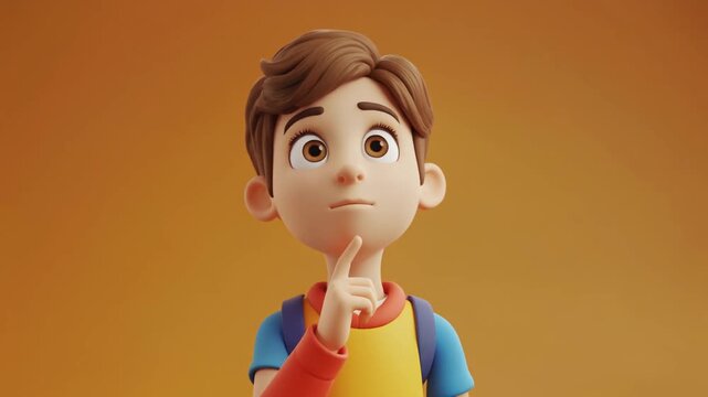 Animated Cartoon Boy Thinking, a charming 3D character in blue and yellow clothes, pondering with a thoughtful expression on an orange background