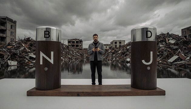 Man holding smartphone between digital markers in post-war urban ruins