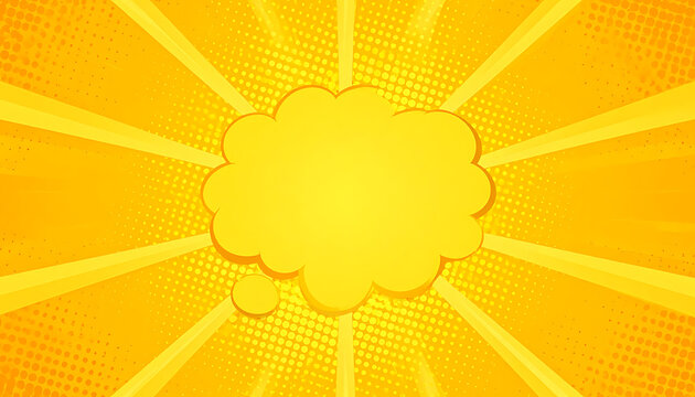 Yellow comic book style thought bubble with sunburst and halftone pattern, explosion effect