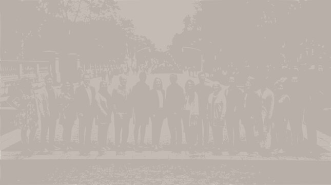 Diverse group of people standing outdoors, team building, outdoor gathering, community, teamwork