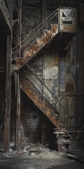 Naklejka premium Rustic, decaying metal staircase in an abandoned industrial building.