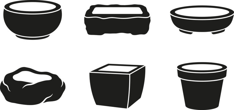 Assortment of stylized black silhouettes of various decorative plant pots and containers, empty vessels for gardening.