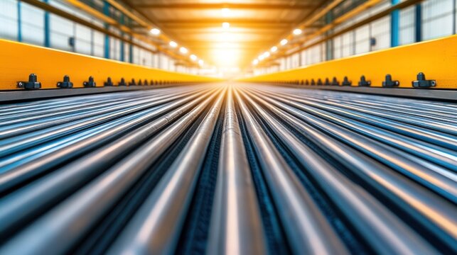 Metal pipes on a conveyor belt in a factory.