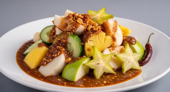 Indonesian fruit salad rujak buah with spicy palm sugar dressing.