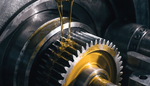 Engine gear lubrication oil pouring on metal cogwheel. Industrial transmission machine rotating with golden liquid maintenance. Automotive mechanism technology working in slow motion.