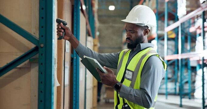 Logistics, tablet and warehouse worker with barcode reader for inventory, freight error and confused. Radio, man and shipping engineer talk for cargo scanner glitch, stock problem and order mistake