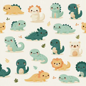 A seamless pattern features cute cartoon dinosaurs and small animal characters with happy expressions standing amongst tiny green leaves on a soft beige background
