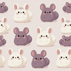 Fototapeta premium A seamless pattern features cute white and purple chinchillas sitting in rows on a simple light background