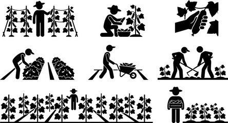 Obraz premium Series of simple icon designs showcasing farmers performing various agricultural jobs like planting, cultivating, and harvesting cucumbers.