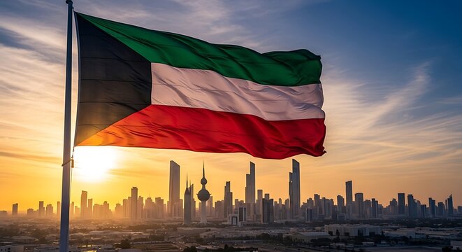 Kuwait Flag Waving Over City Skyline at Sunset