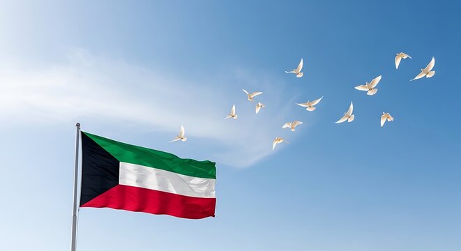 Kuwaiti Flag Waves in Blue Sky with White Birds Flying