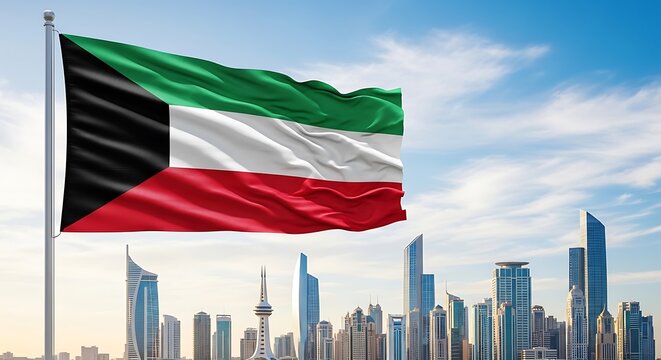 Large Kuwaiti Flag Blowing in Wind Over Modern City Skyline