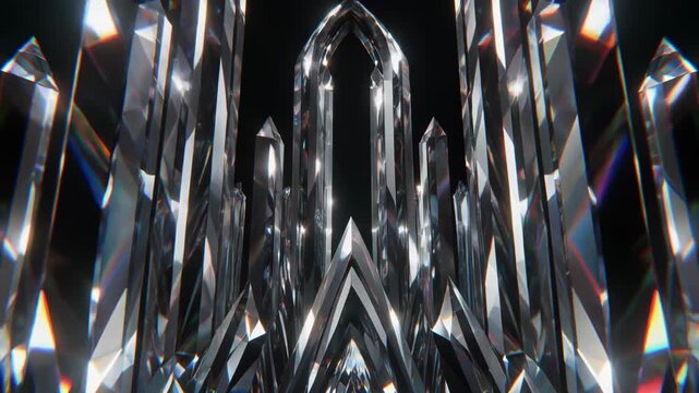 Crystal cluster shines brightly on dark background with sharp facets reflecting light