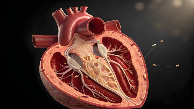 Anatomical illustration of the human heart with visible chambers and major vessels