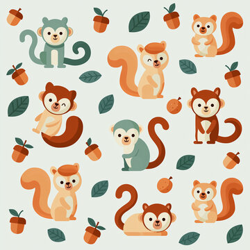 Seamless pattern featuring cute squirrels and monkeys in a flat design style surrounded by small acorns and green leaves on a soft blue background