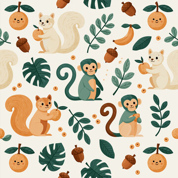 Seamless pattern with cute cartoon squirrels and monkeys sitting among tropical leaves and holding colorful fruit in a flat forest style