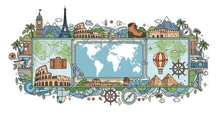 Obraz premium Travel and Adventure around the World: Iconic Landmarks and Exploration Map