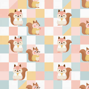 Seamless pattern featuring cute cartoon squirrels sitting on a colorful checkered background with pastel orange and blue squares