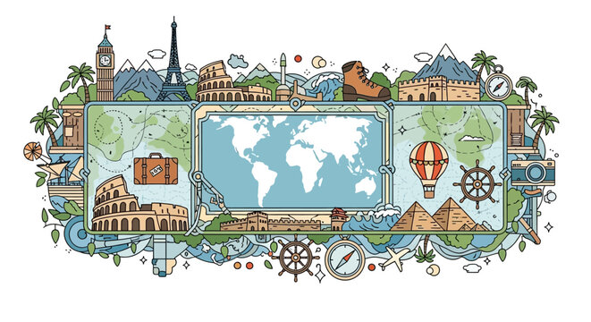 Travel and Adventure around the World: Iconic Landmarks and Exploration Map