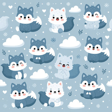 Seamless pattern features cute cartoon wolves and foxes sitting together with clouds and snowflakes on a light blue winter background