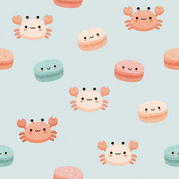 Seamless pattern with cute cartoon crabs and sweet macarons on a light blue background for children design