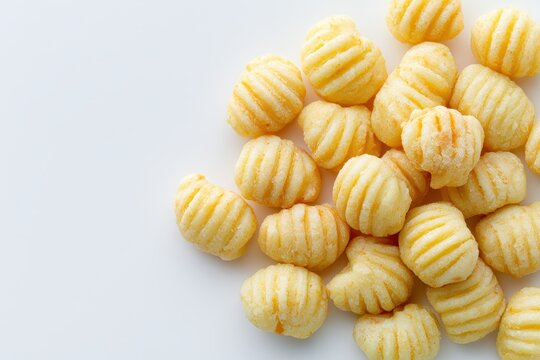 Crunchy corn puffs shaped like gnocchi piled on a white background in a sharp macro shot for snack food marketing and retail branding