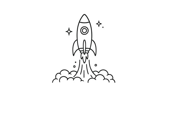 Minimalist rocket launch line icon, black and white space shuttle vector, startup business growth concept with spaceship and smoke clouds