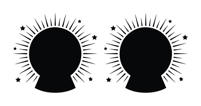 Mystical crystal ball silhouettes with celestial rays and stars, magic fortune teller orb icons, occult spiritual divination vector elements