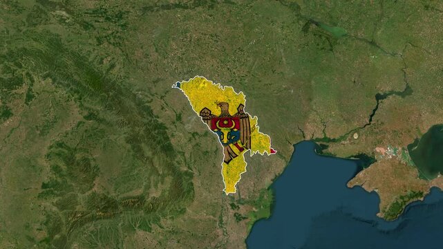 Animated map showing the country of Moldova with its flag overlayed in motion