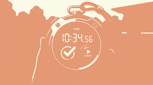 Stopwatch showing 10:34:56, timer with start button and checkmark icon, concept of time management