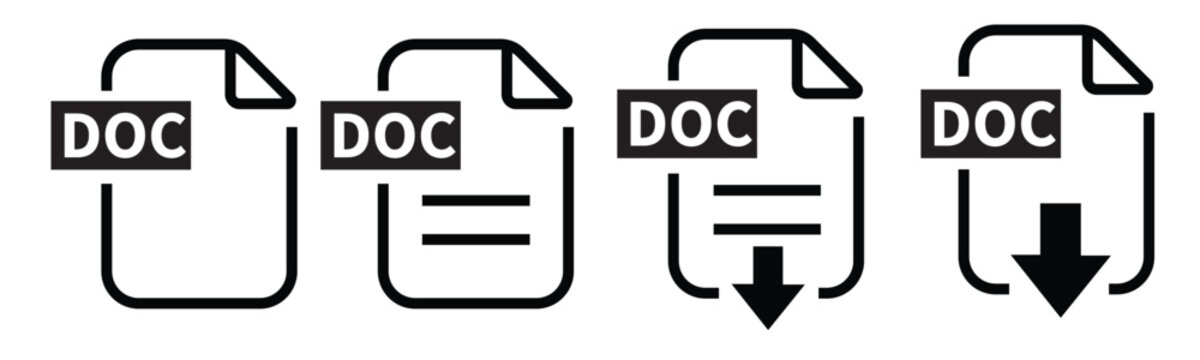 DOC file format icons set. DOC file download symbols. Format for texts, images, vector images, videos, interactive forms - stock vector.