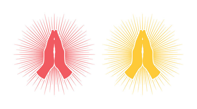 Praying hands vector silhouette with sunburst rays, spiritual prayer gesture in red and yellow, religious namaste or gratitude icons for meditation