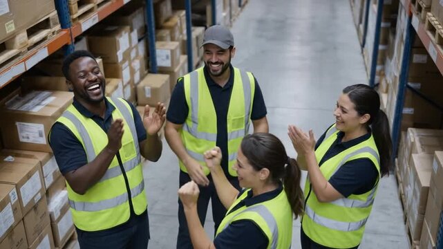 Diverse Warehouse Team Celebrating Success with High Five in Distribution Center