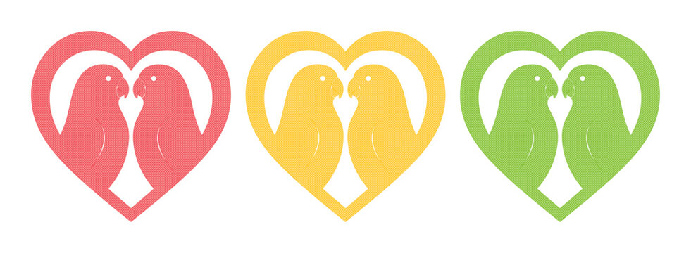 Minimalist lovebird heart icons, romantic bird silhouettes in pink yellow and green, flat vector bird couple illustrations for wedding and valentine design