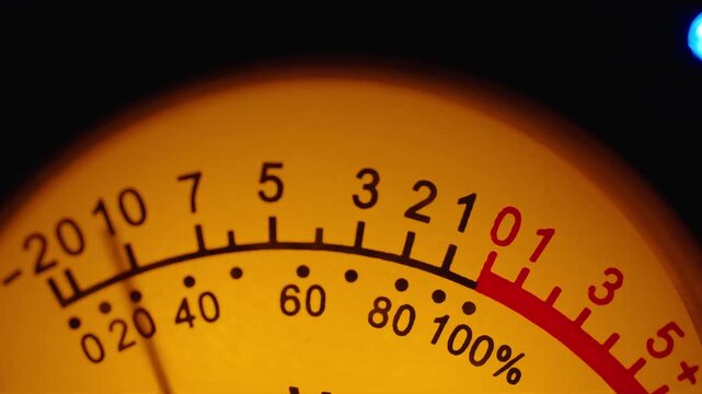Close up of vintage analog VU meter dial with warm orange glowing light for audio level measurement in recording studio