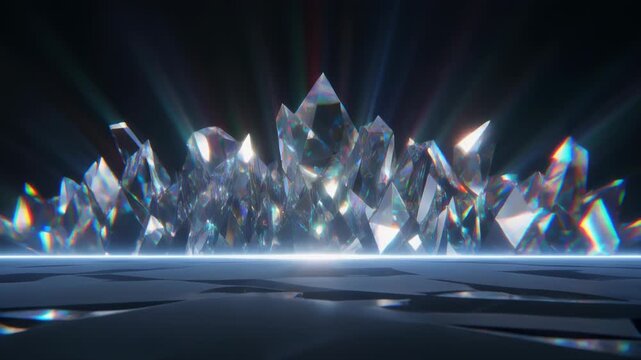 Glowing crystal formation rises from futuristic landscape with neon lights at night.