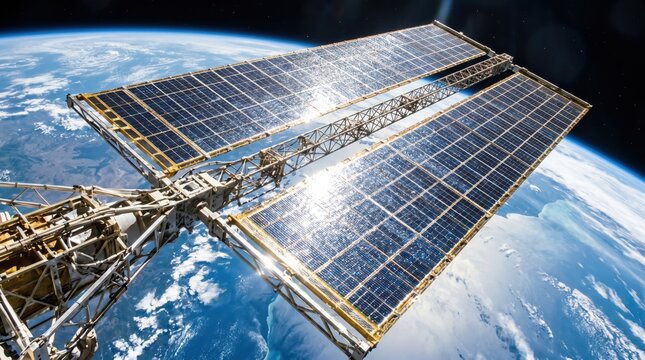 Large solar panel array mounted on space station structure reflecting sunlight above earth with curvature and atmosphere visible
