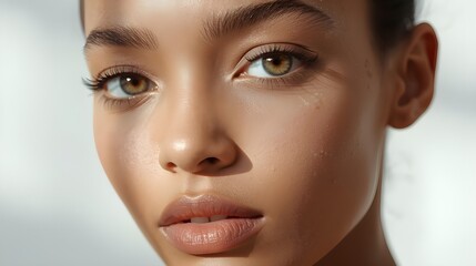 Fototapeta premium Close-up portrait of a beautiful young woman with natural skin and captivating brown eyes, illuminated by soft light and shadow.
