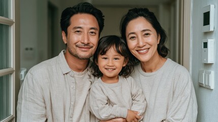 Fototapeta premium Smiling southeast Asian family in their 30s with a young child setting up a smart home security system