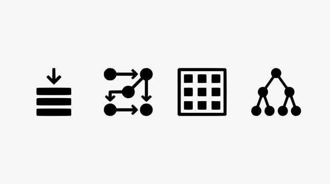 Data Structure Icons: Stack, Flowchart, Grid, Tree