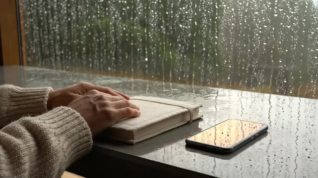 Person sitting by window on rainy day tapping fingers on table next to journal and smartphone reflection of rain on glass close up cozy lo fi aesthetic mindfulness concept