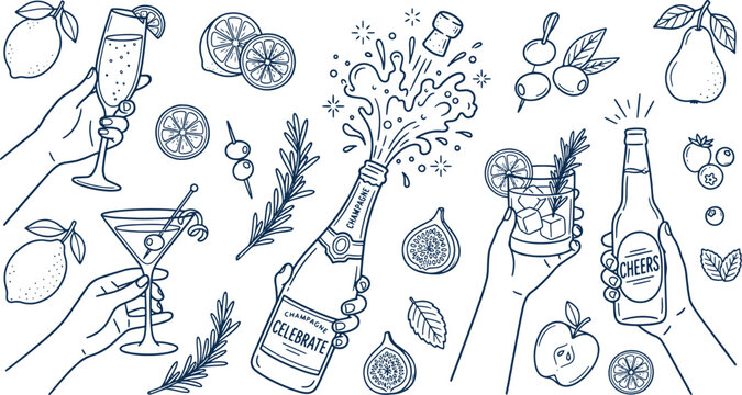 Hand drawn celebration party drinks elements popping champagne bottle cocktail glass hands cheering beer toast icons vector illustration