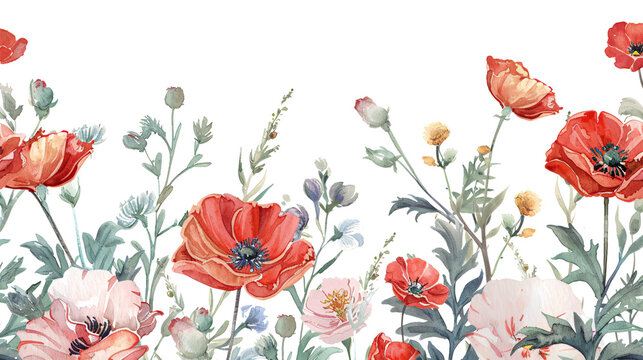Red poppies and peach blossoms watercolor wildflower border