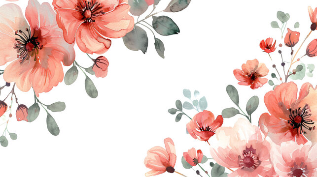 Coral peach watercolor flower corner frame with eucalyptus