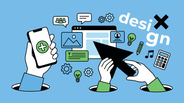 Creative web development and digital UI UX interface design process with mobile application icons tools and workspace element vector illustration